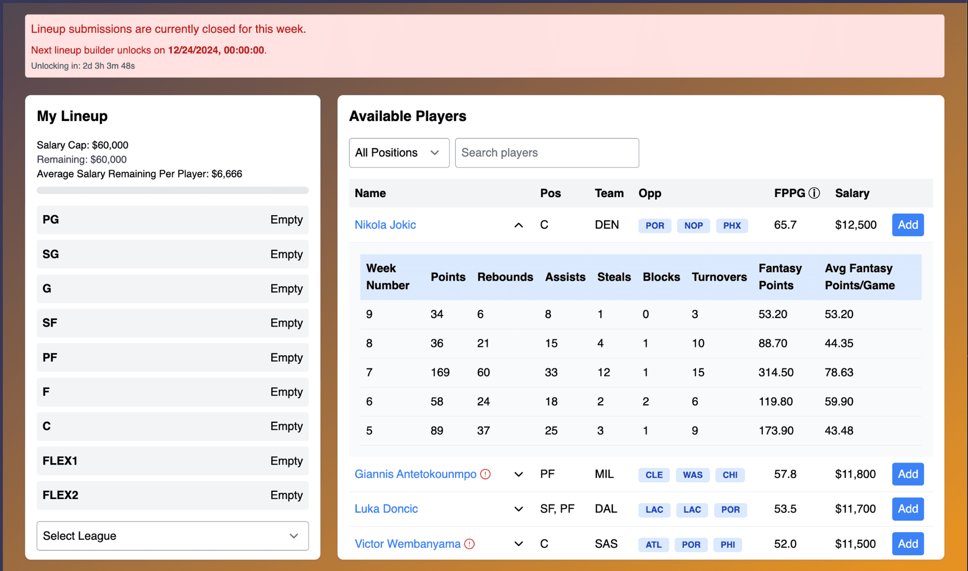Lineup Builder Screenshot