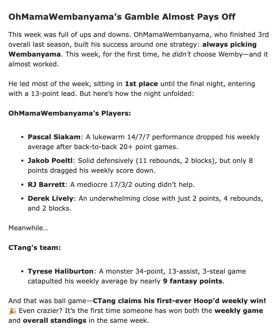 Weekly Newsletter Recap Screenshot